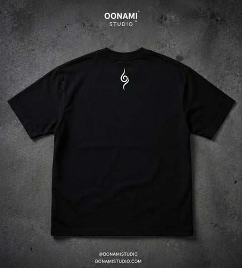 Black t-shirt with small white symbol on back displayed on gray textured background with OONAMI Studio branding