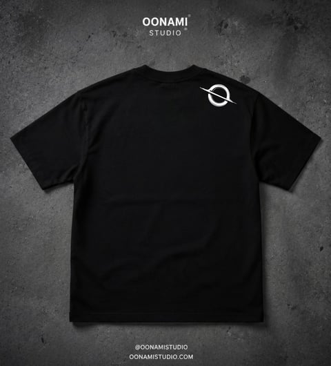 Black t-shirt with OONAMI Studio logo on back displayed on textured gray background