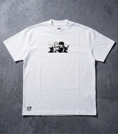 White short-sleeve t-shirt with black anime character graphic print on the chest, displayed on a grey textured background