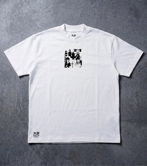White t-shirt with black graphic print in center and Japanese characters on sleeve, displayed on gray background
