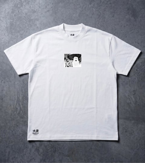 White t-shirt with small black and white photo print on chest and Japanese characters on lower front and neck label