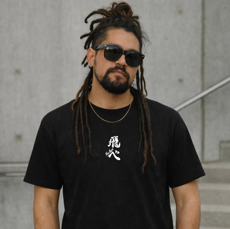 Man with dreadlocks wearing sunglasses and black t-shirt with white Asian characters, standing against concrete wall