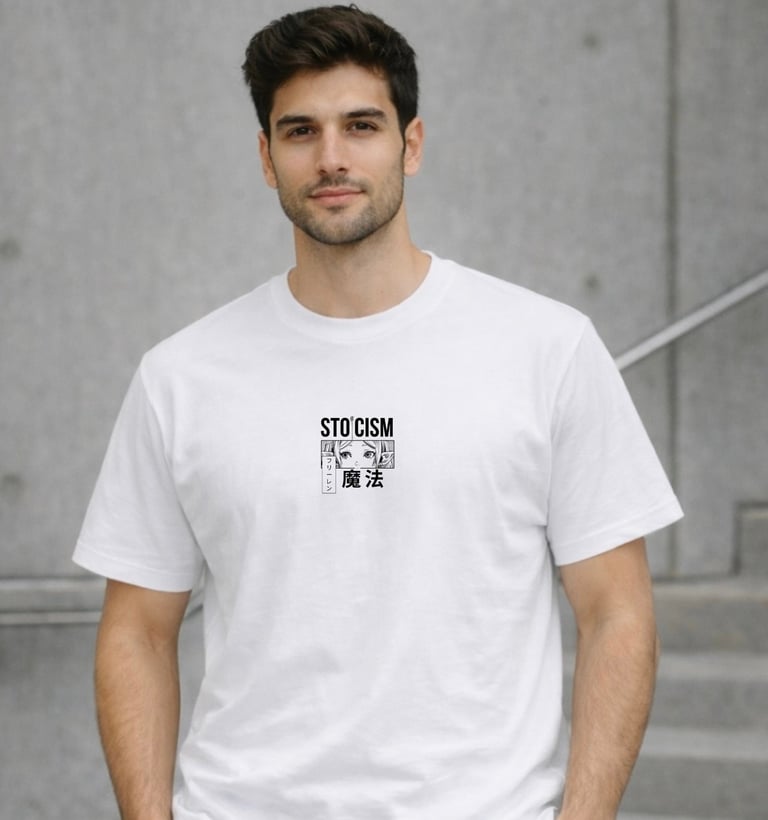 Man wearing white t-shirt with Stoicism graphic design text and symbols, standing against gray concrete wall