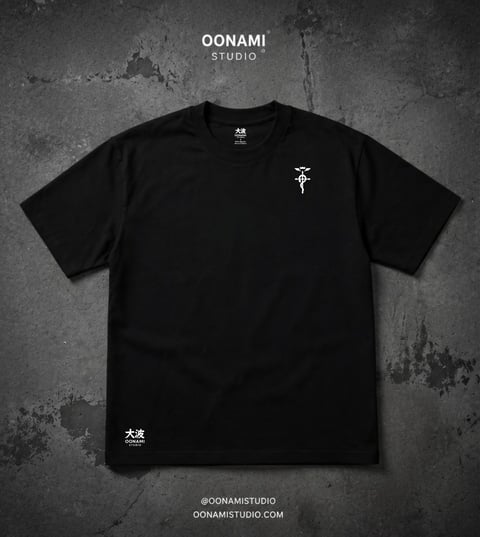 Black t-shirt by Oonami Studio featuring a white cross symbol on the chest and Japanese characters on the sleeve