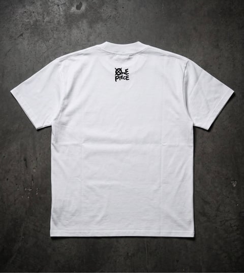 Back view of white t-shirt with small black logo printed on upper back, displayed on gray textured background