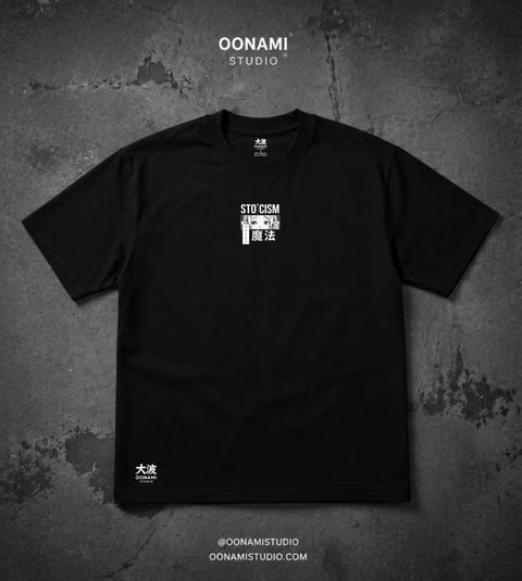 Black t-shirt from Oonami Studio with STOICISM text and graphic on front, displayed on textured gray background