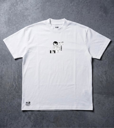White t-shirt with minimalist black illustration and Japanese characters on gray textured background