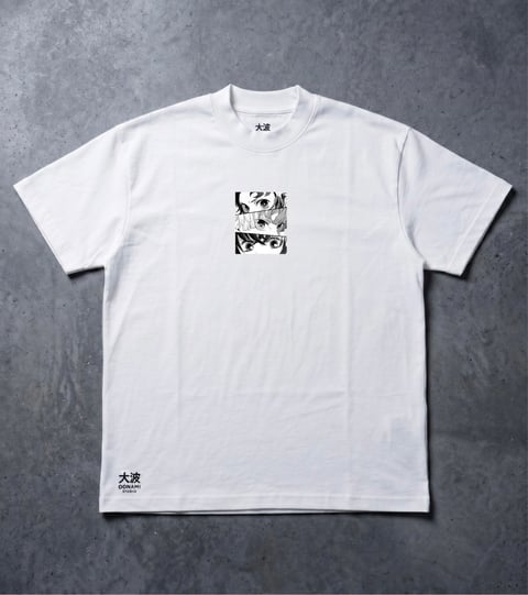 White t-shirt with black graphic print on chest and Japanese characters on sleeve, displayed flat on gray textured background